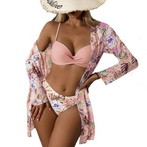 ชุดว่ายน้ำผู้หญิงแบบ 3 ชิ้น 3 มิติ แบบสั่งทำพิเศษ ชุดบิกินี่แบบดันทรงลายทรอปิคอล ชุดว่ายน้ำแขนยาวสำหรับชายหาด พร้อมเสื้อคลุมกิโมโนสำหรับชายหาด - Product Image 5