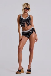 Black and <strong>White</strong> Polka Dot Ruffle Mesh Halter <strong>Tankini</strong> <strong>Top</strong> 2 Piece Bikini Set Wrap Mini Shorts Wrap Waist Ties Swimwear Beachwear - Product Image 5