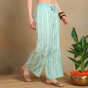 Pantalones Anchos de Mujer Estilo Bohemio con Rayas, Pantalones Casuales de Verano con Cordón Ajustable, 100% Algodón - Product Image 1