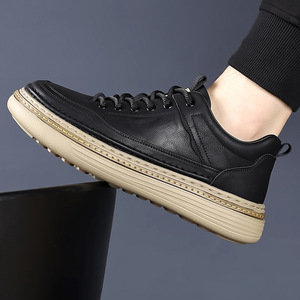 Men's Spring Casual Leather Sneakers Round Toe Lace-up Light Weight Walking Shoes Solid Color <b>Rubber</b> Outsole Cow Leather Upper - Product Image 3