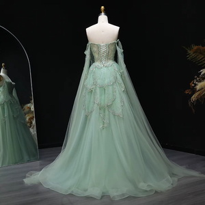Robes de soirée élégantes Jancember LSZ215, couleur vert <span class=keywords><strong>sauge</strong></span>, épaules dénudées, décolleté cœur, ornées de perles - Product Image 2