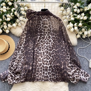 Camisa con Estampado <span class=keywords><strong>de</strong></span> Leopardo Estilo Retro para <span class=keywords><strong>Mujer</strong></span>, Diseño <span class=keywords><strong>de</strong></span> Malla con Lazos para Otoño, Top Elegante y <span class=keywords><strong>de</strong></span> Lujo Ligero - Product Image 2