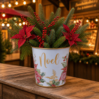 Pot de fleurs en fer blanc à bordure dorée florale, motif 'Merry Joy Noel' en lettres cursives, pour centre de table de fête de Noël et seau décoratif de jardin