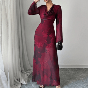 Boho Elegantes Damen-Langarmkleid mit Blattmuster, V-Ausschnitt, Cut-Out-Taille, Asymmetrisches Langes Kleid für Sommerurlaub und Strand - Product Image 2