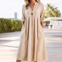 Robe midi en lin pour femme, col montant, manches 3/4, coupe ample, avec poches, idéale pour la plage et les vacances, vente en gros, OEM, ODM, logo personnalisé