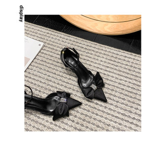 2023 Autumn New Women's <b>Sandals</b> with Bow Knot Pointed Thin Heels, Baotou Rhinestone Low Heels Women's Shoes - Product Image 5