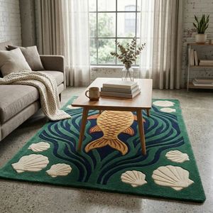 Tapis en laine coloré motif poissons Koi avec éléments coquillages ivoire et surface tuftée à la main pour salon, chambre, chambre d'enfant et espace enfant - Product Image 3