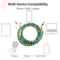 Câble de données USB Type C 4-en-1 avec texture turquoise craquelée et perles colorées pour téléphone et écouteurs