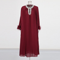 Robes à ourlet plissé en mousseline de soie à manches longues pour femmes paillettes perlées dorées décontracté grande taille avec taille et ceinture naturelles