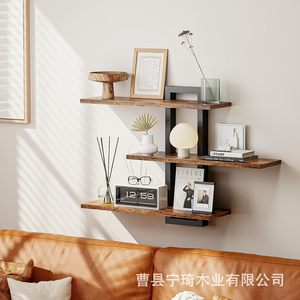 Creative Iron and Wood Combination <b>Wall</b>-<b>Mounted</b> <b>Shelf</b> with Three-Tier Floating <b>Shelf</b> for Living Room <b>Wall</b>-<b>Mounted</b> Storage and - Product Image 4
