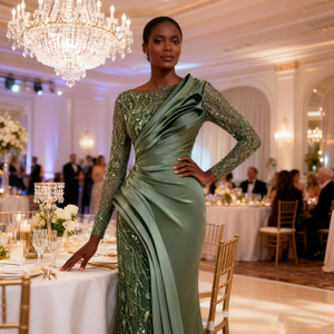 <span class=keywords><strong>Abito</strong></span> da Cerimonia di Lusso <span class=keywords><strong>in</strong></span> <span class=keywords><strong>Raso</strong></span> <span class=keywords><strong>con</strong></span> Perline, Maniche Lunghe e Strascico per Donna, Ideale per Balli e Matrimoni - Product Image 3