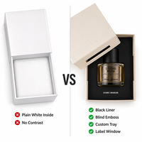 Boîte cadeau de parfum personnalisée avec fenêtre, étiquette d'archives, gaufrage, carton ivoire, doublure noire, logo personnalisé, OEM