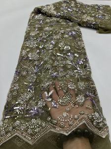 Tissu KC de luxe en dentelle florale perlée, tulle brodé à la main avec des cristaux pour robe de soirée africaine Aso Ebi - Product Image 5