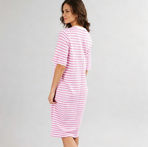 Vestido Camiseta de Manga Corta para Mujer, Estilo Maxi, Rayas Rosas, Casual, Transpirable, Ecológico, Lavable, Tejido Ponte Jersey, Servicio OEM - Product Image 3