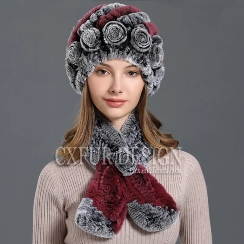 CX-C-112D Hand Knit Warm Thick Real Rex Rabbit Fur Women Beanie Ladies Hat and Scarf Set