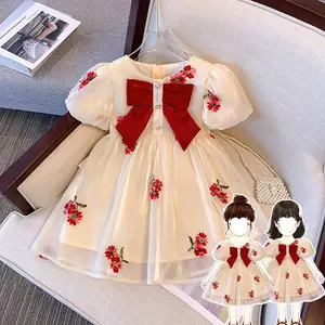 Embroidery little girl's wedding dress kids princess dress with bow fluffy mesh birthday party dresses