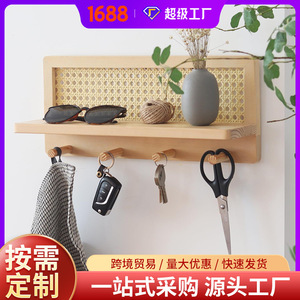 Wall Mounted Wood Key And Sunglasses Rack With <b>Shelf</b> And <b>Hooks</b> For Entryway Storage Natural Color Rectangle Shape - Product Image 5