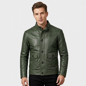 Veste bomber en cuir véritable vert pour homme SAAR INDUSTRIES, style vintage, coupe slim, coupe-vent, imperméable, classique - Product Image 1