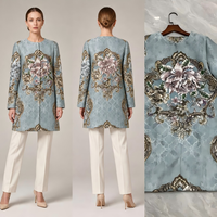 Manteau Modeste Jacquard Flottant Perlé Bleu Poussière pour Femme, Veste Mi-longue Florale Sans Col avec Boutons-Pression Dissimulés, Tenue Formelle ODM