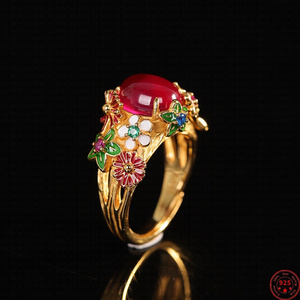 BOCAI S925 anelli in <span class=keywords><strong>argento</strong></span> Sterling da donna con motivo a fiori in smalto <span class=keywords><strong>dorato</strong></span> corindone rosso naturale intarsiato stile etnico gioielli per feste - Product Image 1