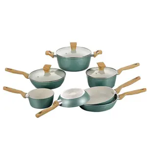 Fast Shipping Stone-Derived Coating Forged Aluminium Kitchen Wares Wholesale Green Nonstick Cookware Sets