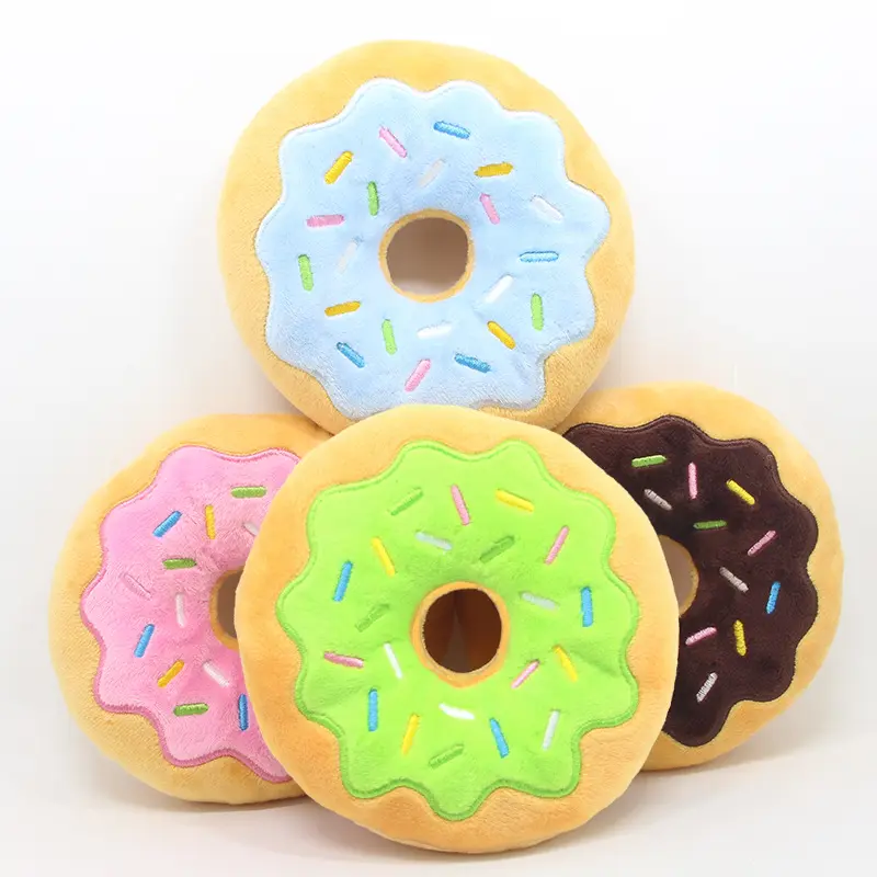 Reusable pet toy, multicolor optional pet interactive donut plush toy with sound