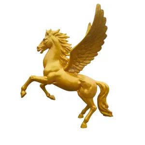 Escultura de cavalo dourado de bronze com asas, escultura de cavalo voador