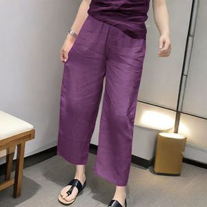 Purple Wide Leg Linen Pants Elastic Waist Cropped Casual Women's Pants Breathable Summer Style - Product Image 1