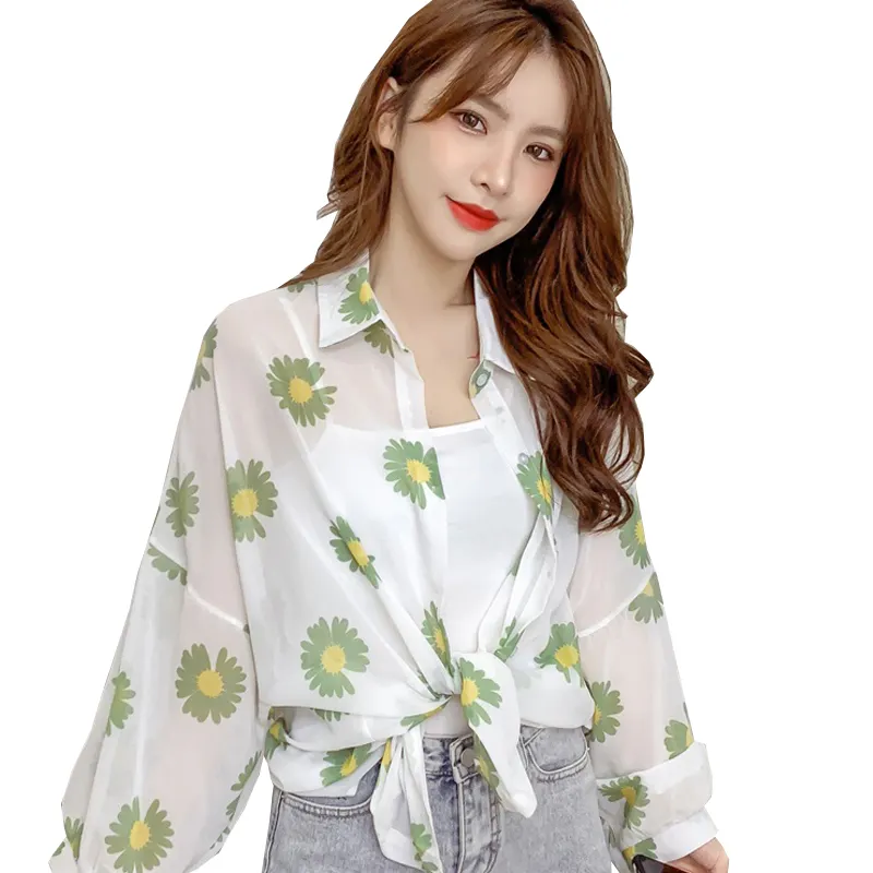Whoelse korean summer lady Large Size Daisy print Chiffon white Casual flannel shirts for women