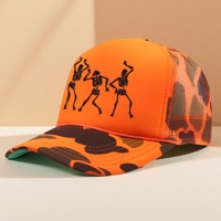 Esqueletos de baile personalizados, gorras de béisbol naranjas de espuma bordadas, gorras de conductor de camión de malla transpirable con calavera de Halloween de camuflaje