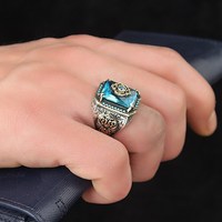 Nouvelle bague élégante style hip-hop, bague rétro carrée avec pierre précieuse, bague punk tendance pour homme, signet turc fait main, zircon vert