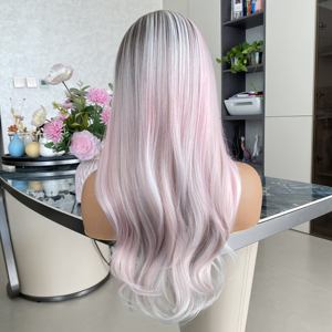 Perruque synthétique de qualité supérieure 13x4 Lace Front, dentelle transparente, densité naturelle 150%, haute température, couleur argentée rose - Product Image 1