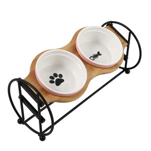 Bol double en céramique pour chat sur support en bois surélevé avec motif de patte pour chats - Product Image 3
