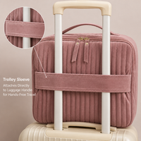 Sac de toilette en velours rose poudré OEM pour femmes, multi-compartiments, grande capacité, avec poignée supérieure, organiseur de voyage