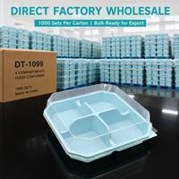Vente en gros de boîtes à pâtisserie carrées transparentes en PET à 4 compartiments, plateau en plastique divisé bleu clair pour mousse, mini-desserts, pâtisseries