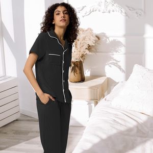 Women's Capri Pajamas Two Piece Pj Set Button Down Short Sleeve Waffle Knit Sleepwear Loungewear <b>Pyjamas</b> Black Loungewears Women - Product Image 3