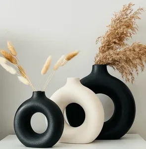 Florero de decoración nórdica para el hogar, conjunto de jarrones de cerámica hueca Circular de granja, moderna, color negro