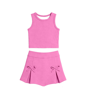 Conjunto de yoga sin mangas para niñas, modelo GSD3758, personalizado, con falda estampada rosa, para niñas pequeñas activas, venta al por mayor, para verano. - Product Image 1