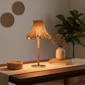 Natural Materials Sandalwood Rechargeable Rattan Table Lamp <b>Touch</b> Control LED Lampshade Hotel Dimmable Battery - Product Image 1