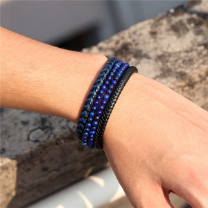 สร้อยข้อมือหนัง PU ถักสีน้ำเงินประดับด้วยลูกปัดลาพิส ลาซูลี ตัวล็อคแม่เหล็กชุบเงิน สไตล์โบฮีเมียนสำหรับทุกเพศ - Product Image 2
