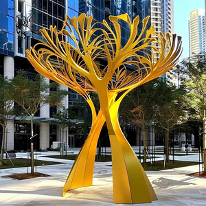 Statue de plante en métal pour décoration extérieure de rue BLVE, sculpture d'arbre en acier inoxydable poli doré - Product Image 1
