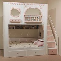Cama litera infantil de madera rosa con diseño de castillo de princesa, cama litera colorida para niñas, juego de muebles infantiles