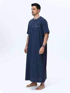 <b>Men's</b> Navy Blue Short Sleeve <b>Thobe</b> Cotton Floor Length Round Neck Solid Color Modest Middle East Style Prayer Wear - Product Image 4