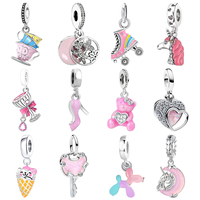 Breloques pendantes en émail rose plaqué argent, série fantaisie mignonne, licorne, ours en peluche, tasse à thé, cœur, pour bracelet à breloques européen