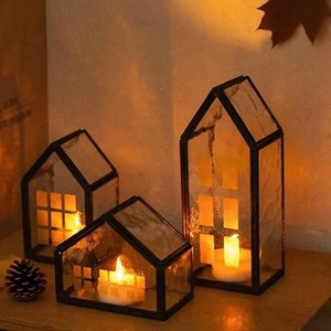 LANJO 3pcs retro geometric Iron House Shape <b>Candle</b> <b>Lanterns</b> With Warm Glow For Home Decoration Christmas - Product Image 1