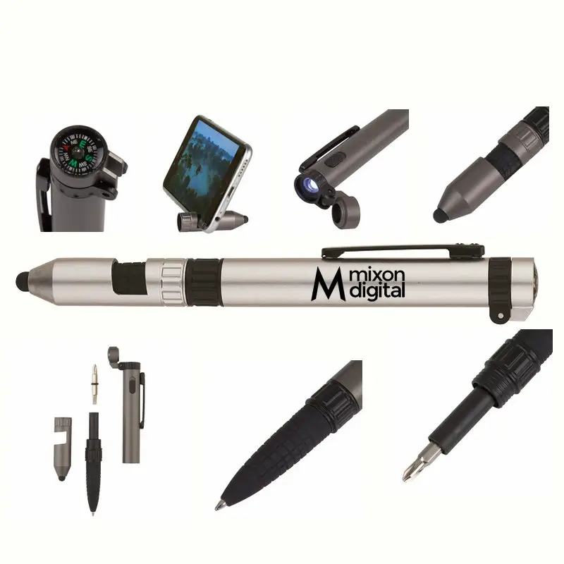 Özel baskı 6-In-1 Quest çok aracı kalem ile ışık-rainier yardımcı kalem w/Stylus pusula, telefon standı ve tornavida