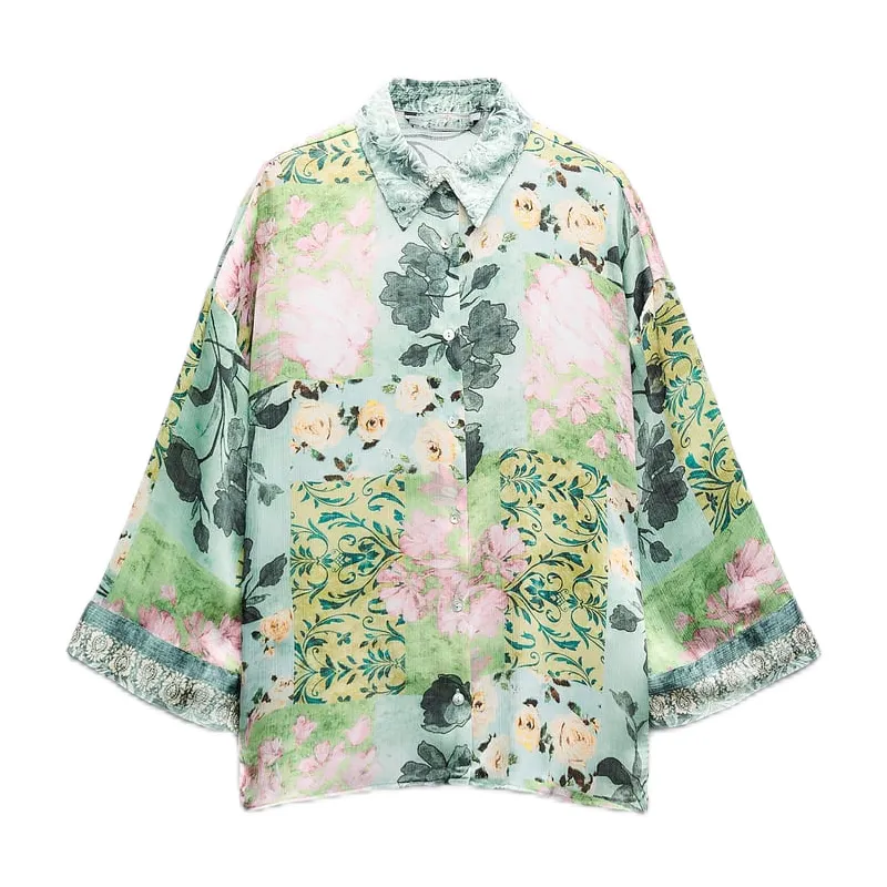 Ropa de mujer 2024 verano otoño nueva moda camisa con estampado de flores Retro Casual solapa manga larga blusa elegante