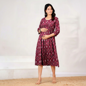 Maroon Floral Print Cotton <b>Three</b> Quarter Sleeve Casual Fit Flare Midi Dress with Maternity Feeding Gown for Daily Wear - Product Image 1
