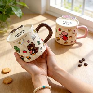 Cerouky Cartoon Animal Party Mug With Lid 301-400ml <b>Ceramic</b> <b>Cup</b> For Couple Gift - Product Image 1