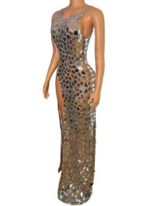 Moda kıyafetler yaz uzun rahat elbiseler kadın Bodycon saten elbise bir yarık doğum günü ünlü - Product Image 2